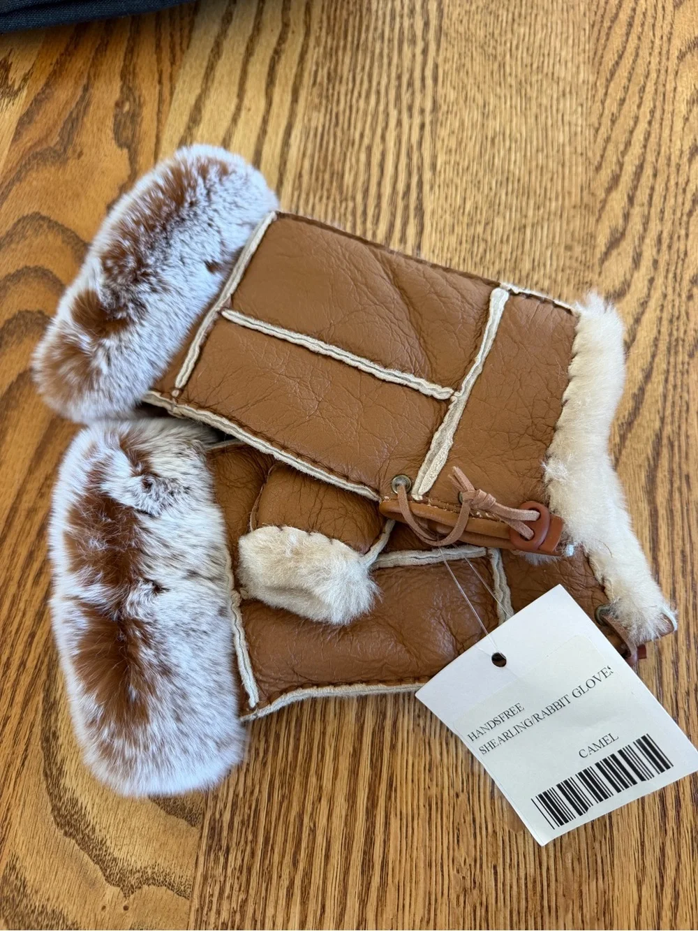 Camel Brown Kids Shearling Mittens with Fur Trim